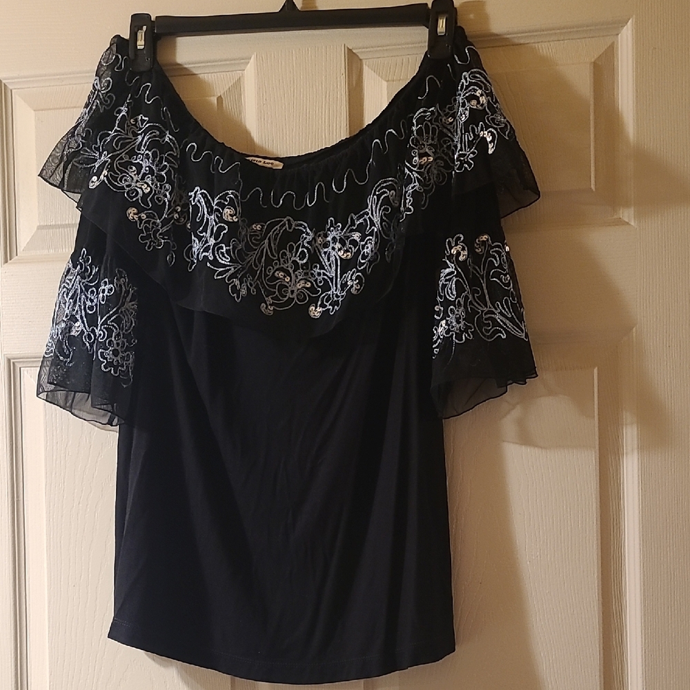 Elegant Black Off-Shoulder Top with Embroidered Details